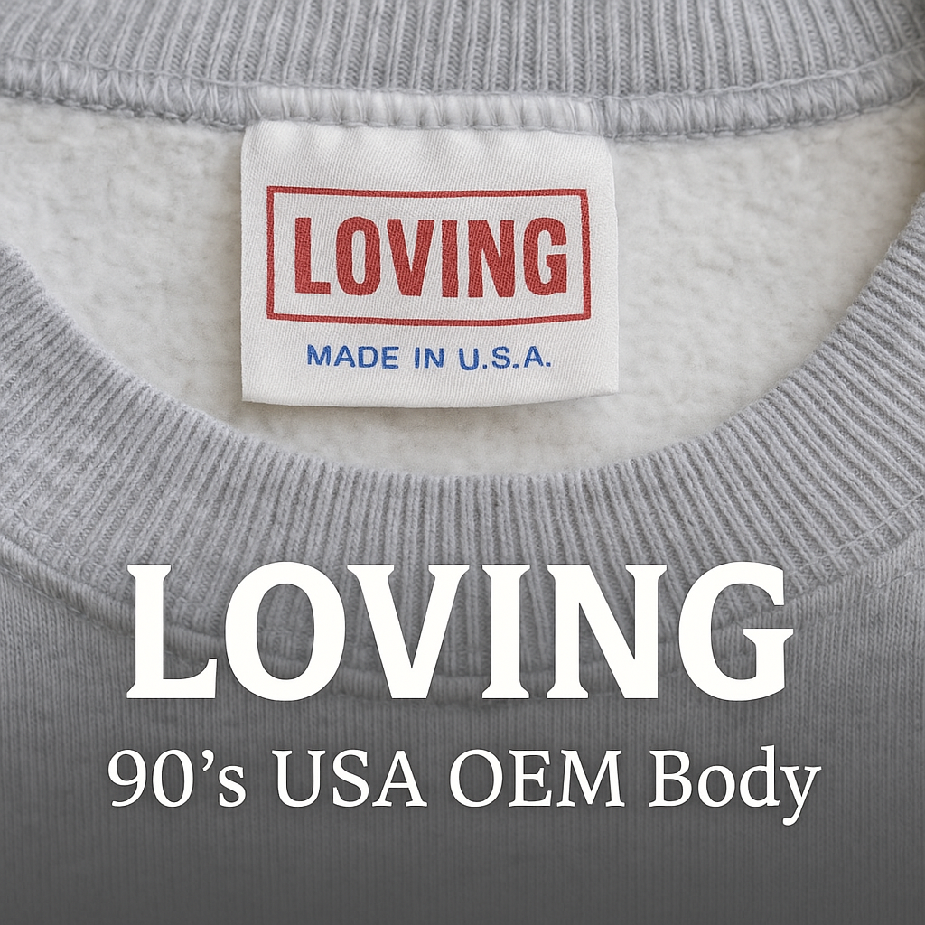 90年代アメリカ製 OEM スウェットボディ「LOVING」のタグと裏起毛ディテールを写した画像。Made in U.S.A. のプリントが特徴。