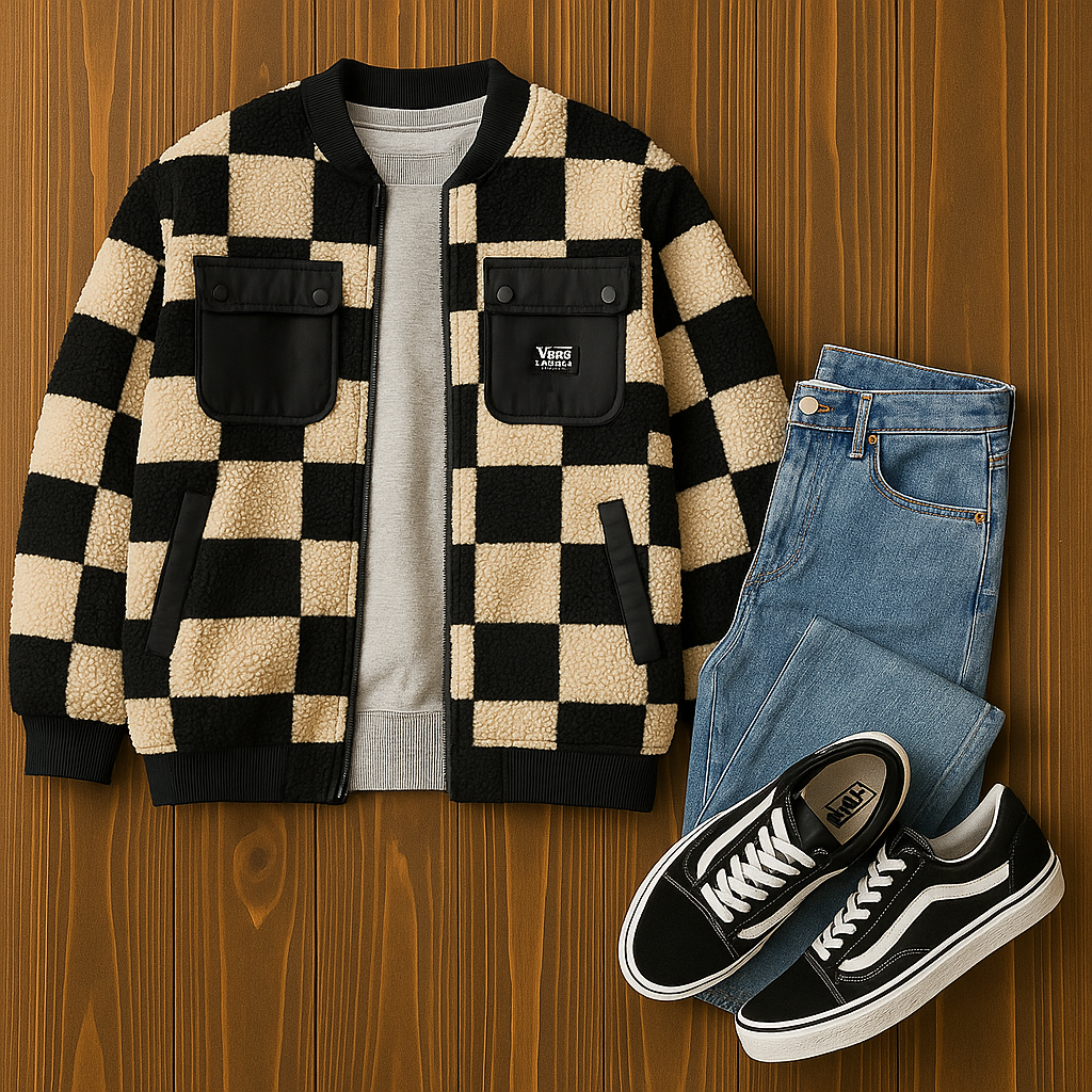 VANSのチェッカーフリースジャケットを主役に、グレーのクルーネックスウェット、ライトブルーデニム、VANSスニーカーを合わせた平置きコーデ。