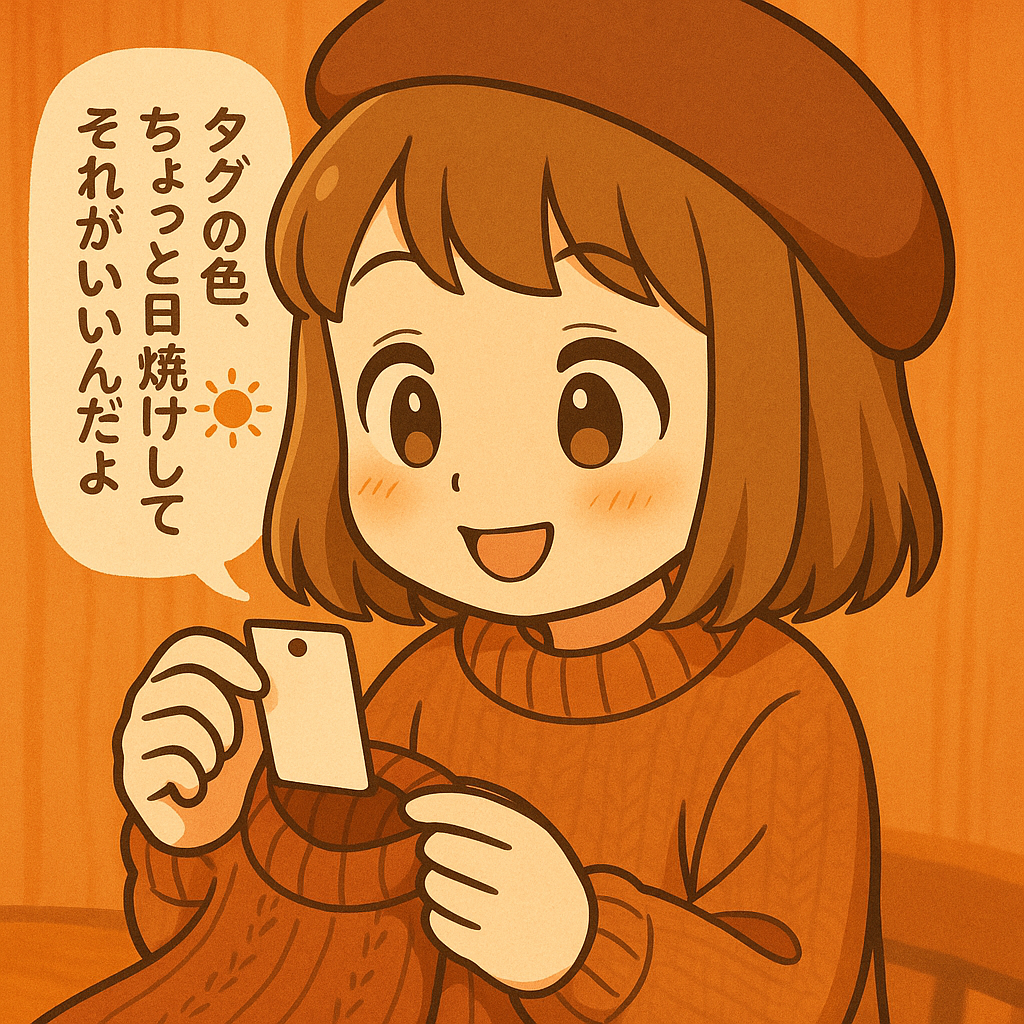 ぼんちゃんが古着のタグを見ながら微笑み、「タグの色、ちょっと日焼けしてるけど、それがいいんだよ」と語るイラスト。