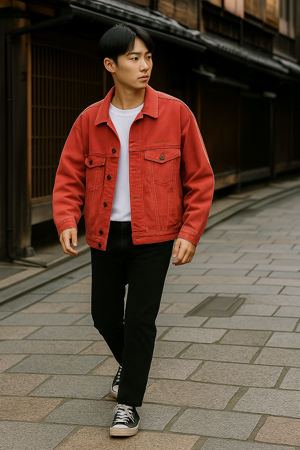 90s Diesel Made in Italy 赤フェードワークジャケットを着た日本人大学生男性モデル。白Tとブラックデニムで祇園の町並みを歩くゆる古着コーデ。