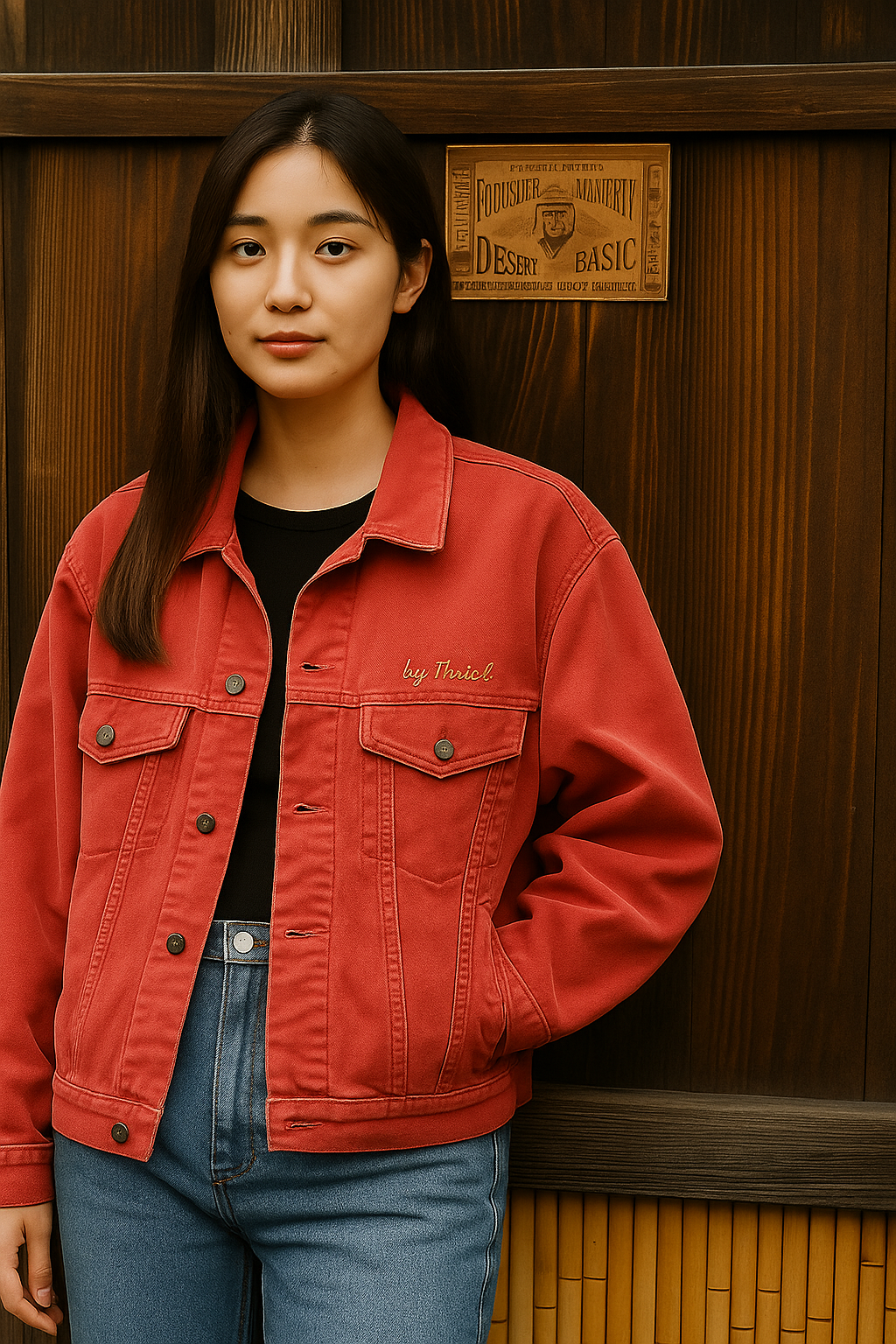 90s Diesel Made in Italy 赤フェードジャケットを着た日本人大学生女性モデル。黒リブタンクとフレアデニムで祇園の町並みに立つゆる古着コーデ。