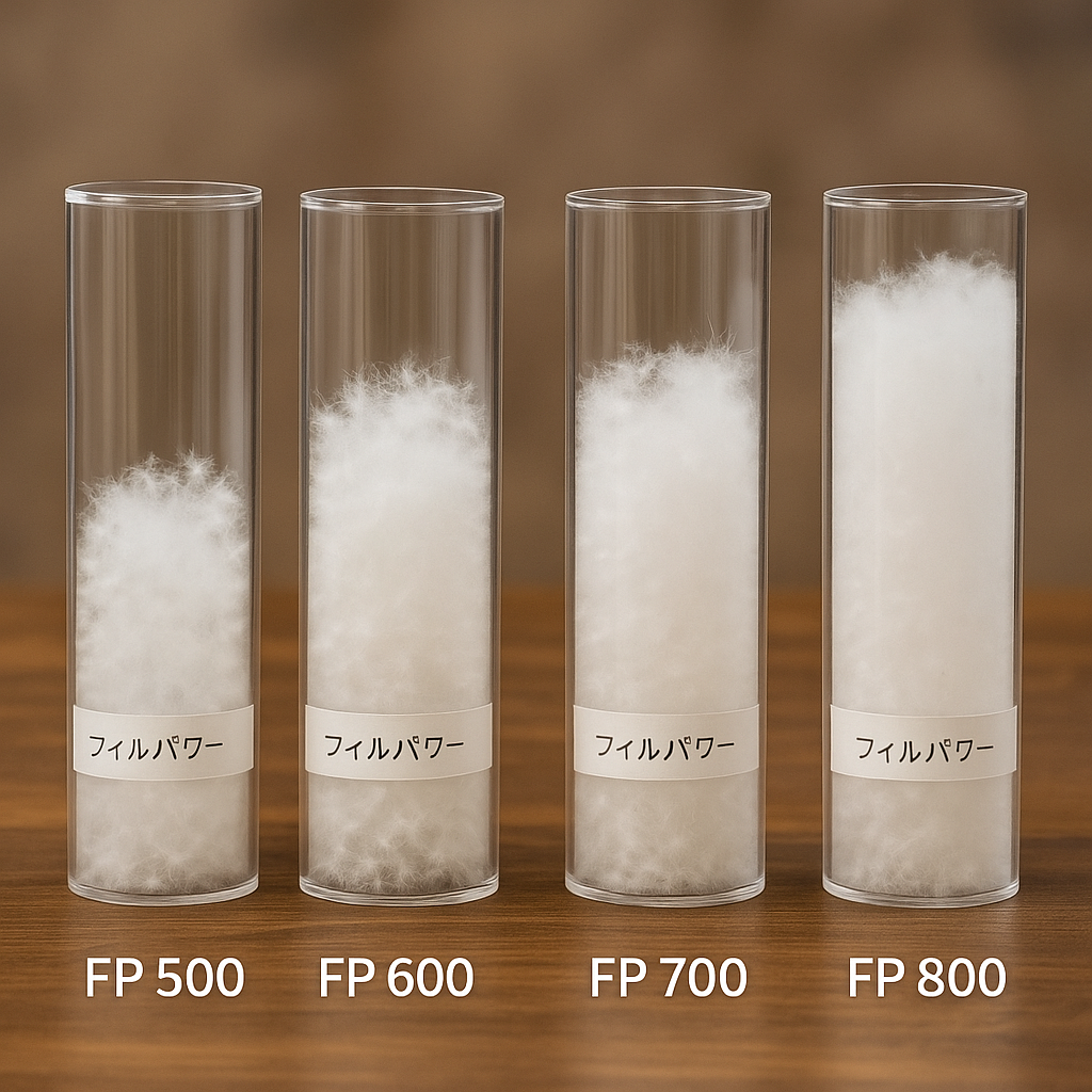 フィルパワー（FP）500・600・700・800の羽毛量を比較した透明な円筒サンプル。数値が上がるにつれて膨らみが増している。