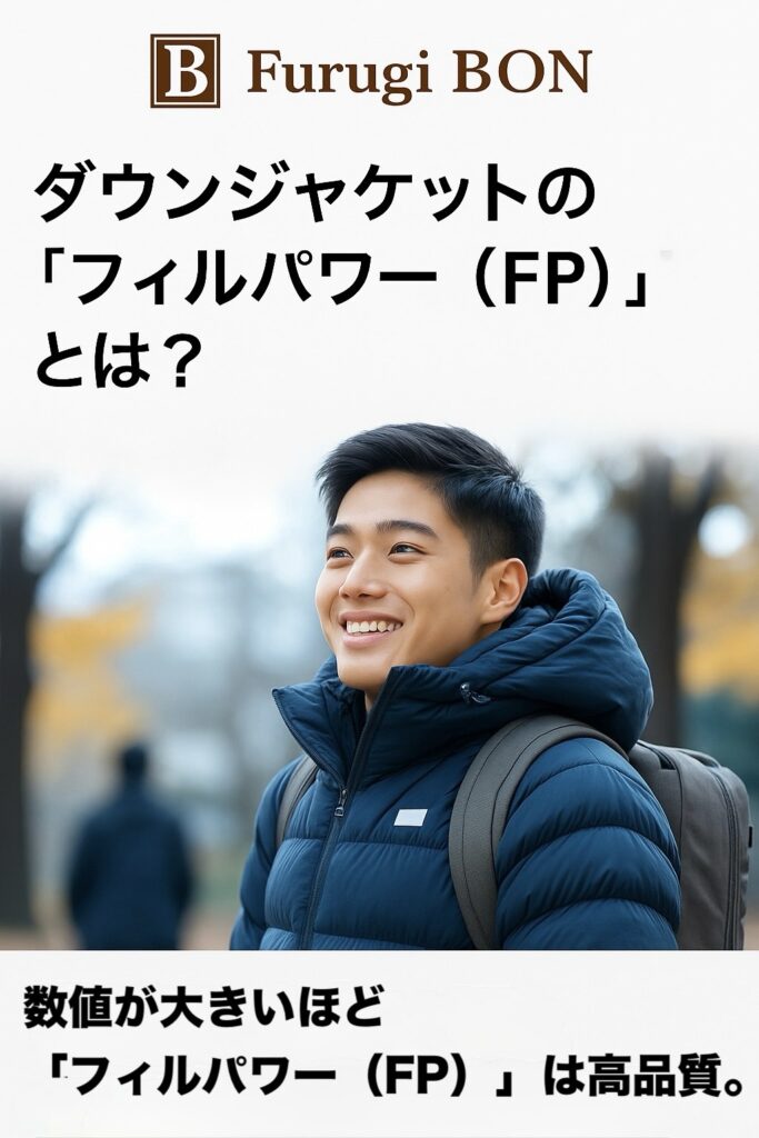 ダウンジャケットのフィルパワー（FP）を解説するFurugi Bon公式OG画像。「数値は大きいほどフィルパワーは高品質」と書かれたデザイン。