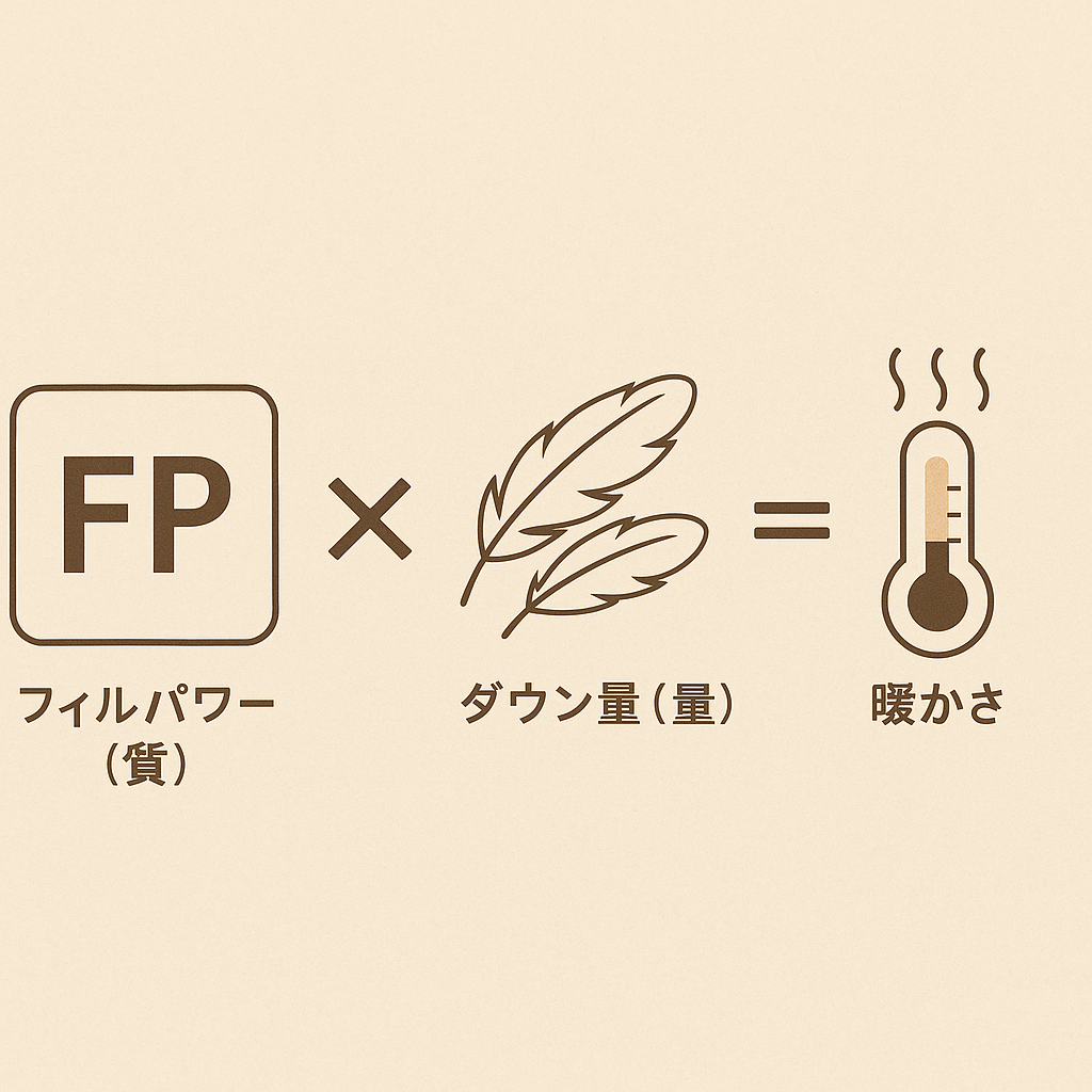 フィルパワー（FP）とダウン量の関係を示す図。FPの高さとダウン量の掛け合わせで暖かさが決まることを表したシンプルなイラスト