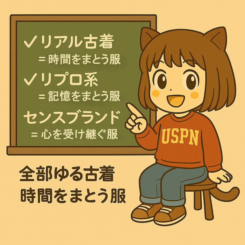 90s古着と現行ゆるアイテムをミックスした着こなしを紹介するぼんちゃんのイラスト。