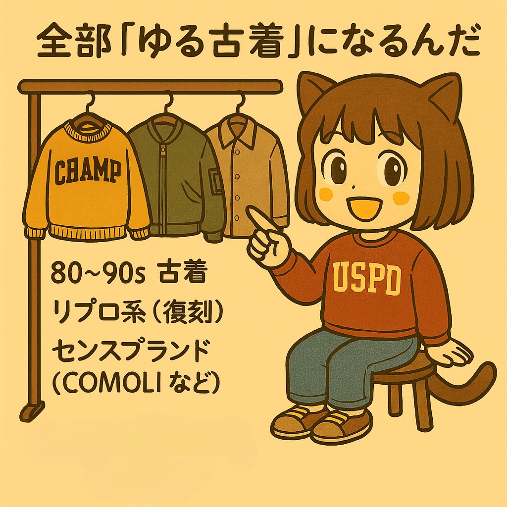 ゆる古着の説明をするぼんちゃんのイラスト。80〜90s古着、リプロ系、センスブランドなどを指し示して紹介している画像。