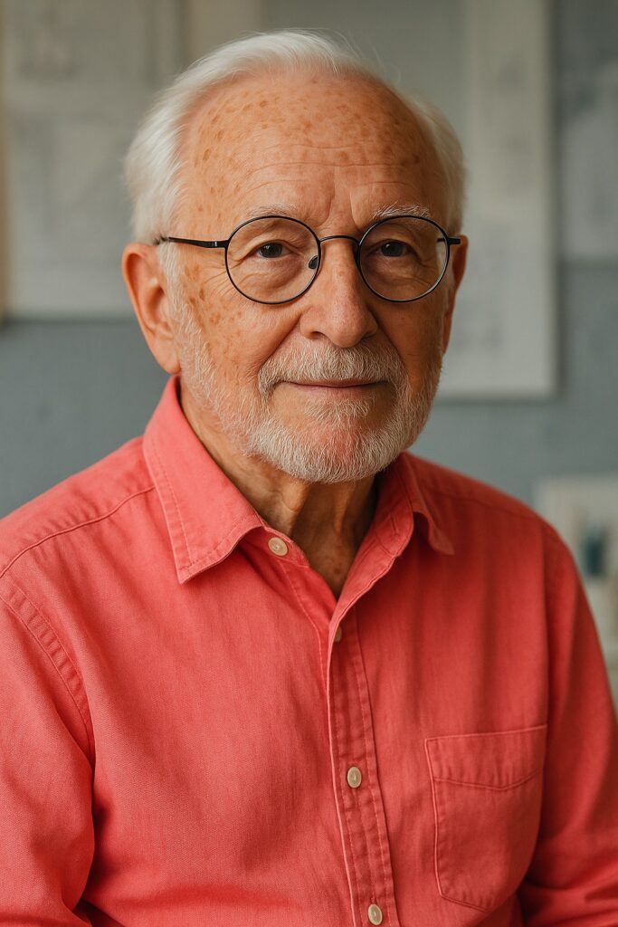 スタン・ハーマンをイメージしたアメリカ人デザイナー風のポートレート写真。記事中で使用する肖像イメージ。