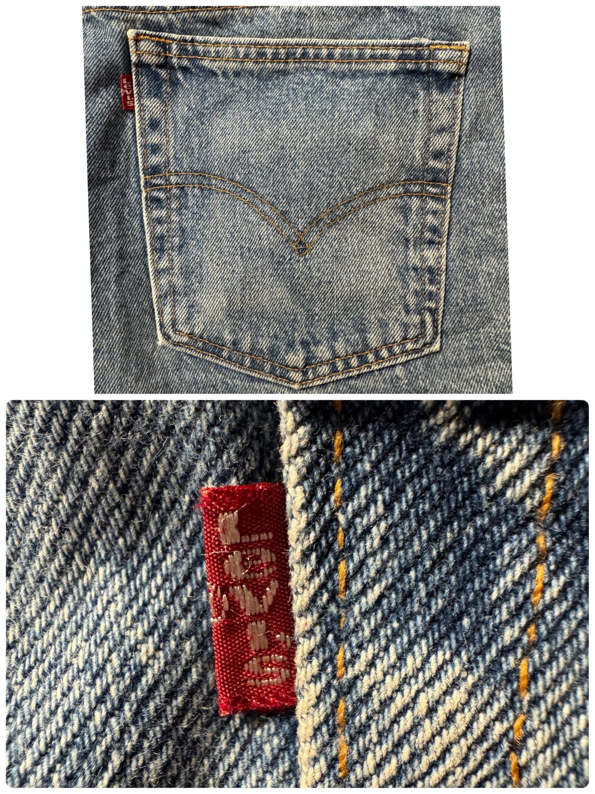 Levi’s 550(USA製)バックポケットとレッドタブのクローズアップ。