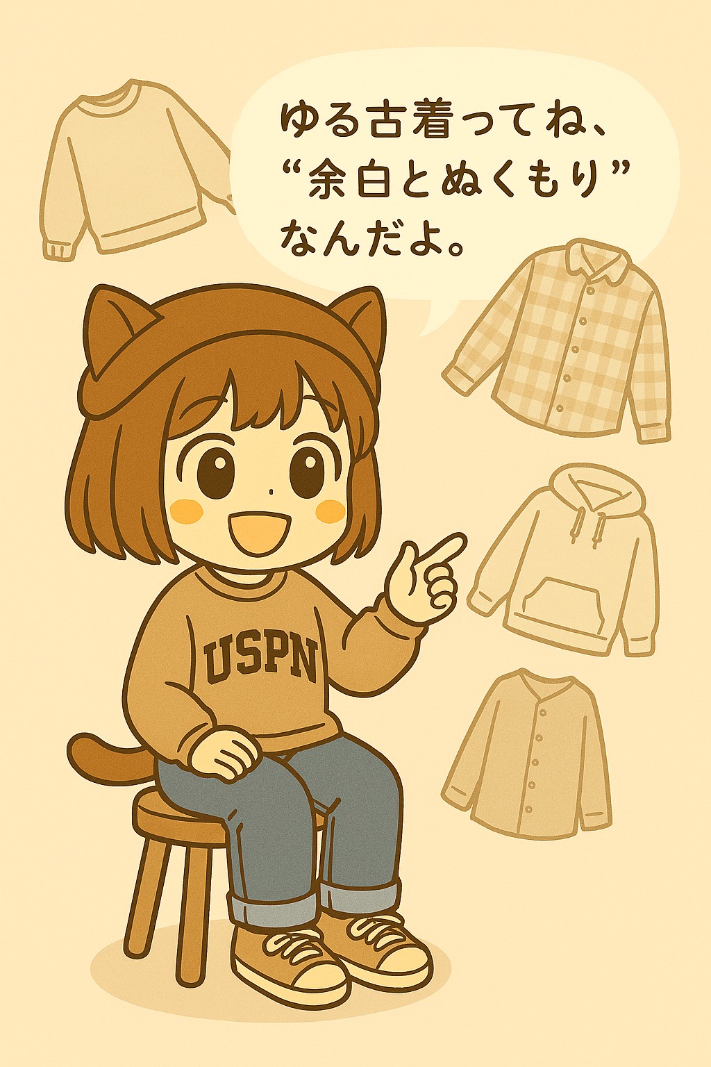 ゆる古着の世界を紹介するアメカジ風ぼんちゃんのイラスト。まわりにスウェットやネルシャツがふわりと浮かんでいる。