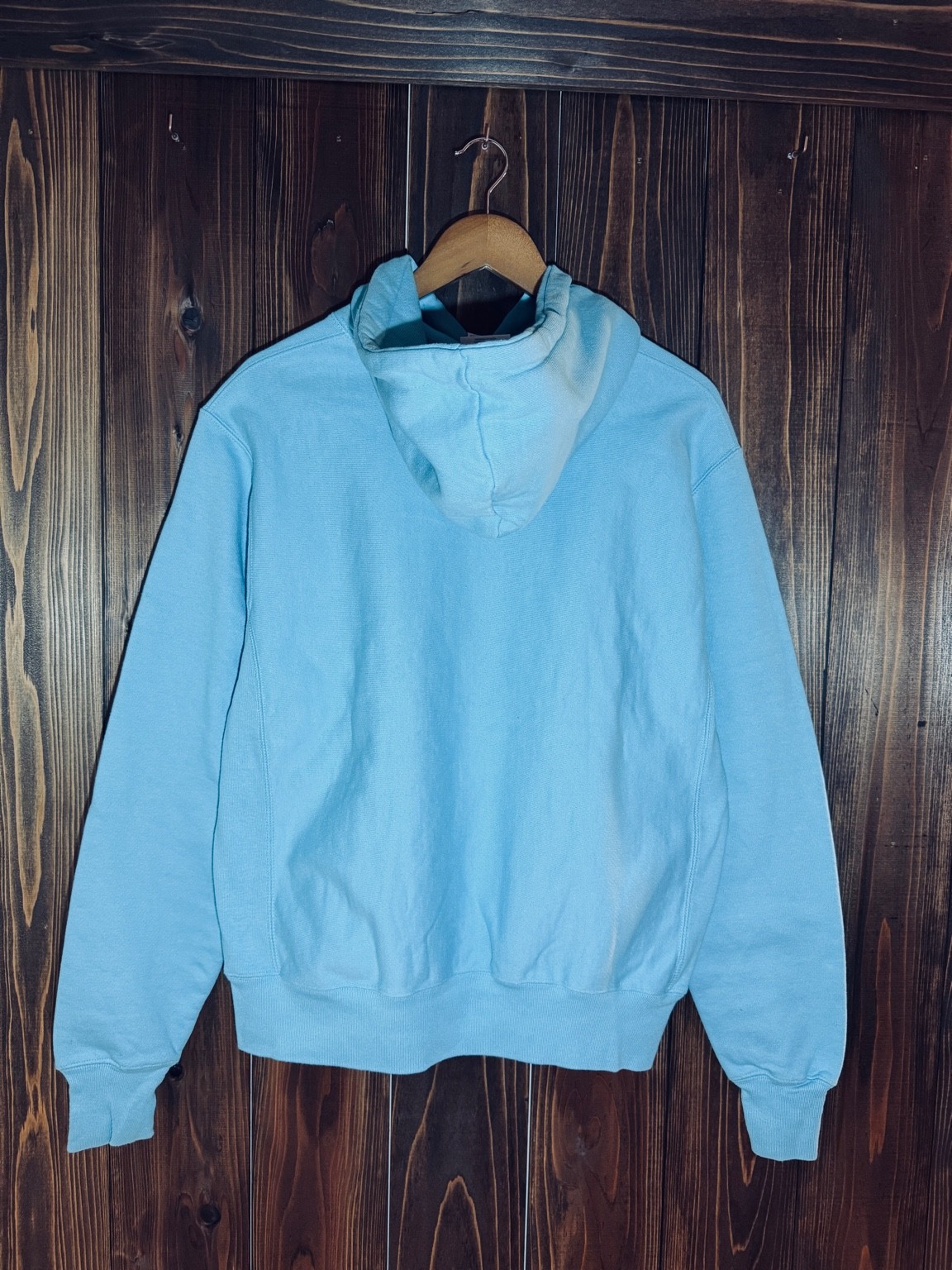 Champion リバースウィーブ パーカー 水色 背面 全体