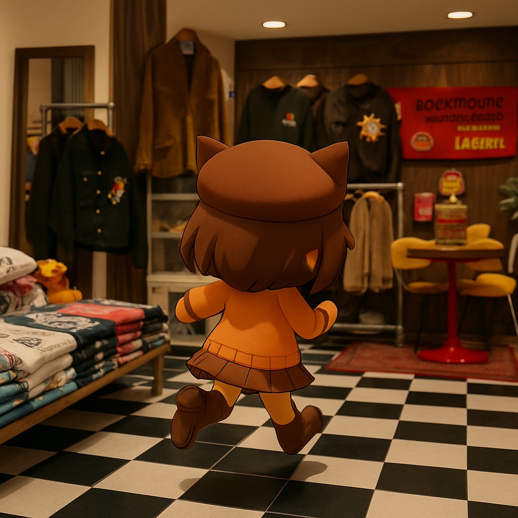 柔らかい光の中で並ぶ古着たち。店内でそっと動き回るぼんちゃんの姿も、BONの“物語”を形づくっています。