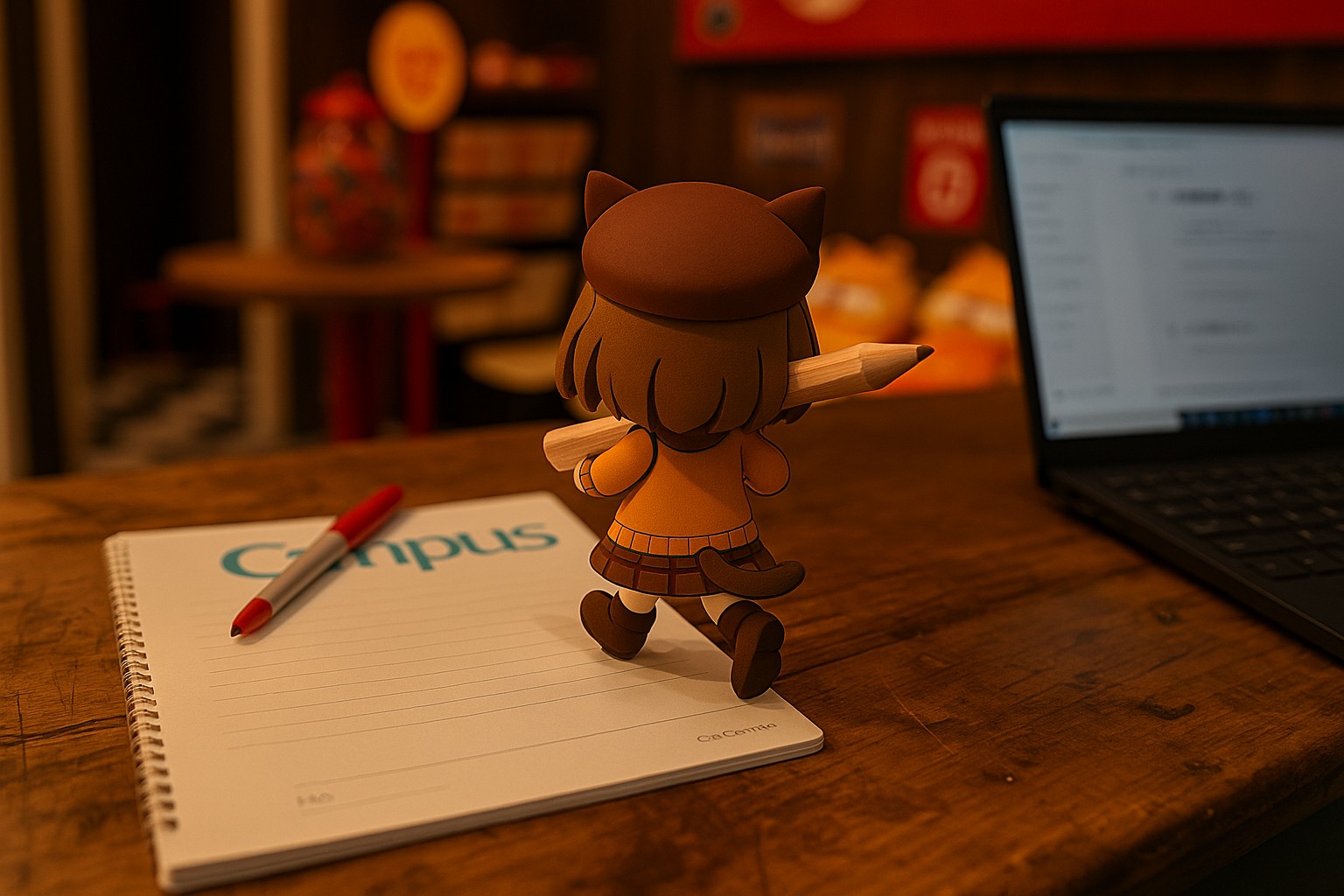 机の上のノートとパソコンの前で作業するぼんちゃんの後ろ姿。木のカウンターと温かい照明の中で、静かに計画を書き留めているシーン。