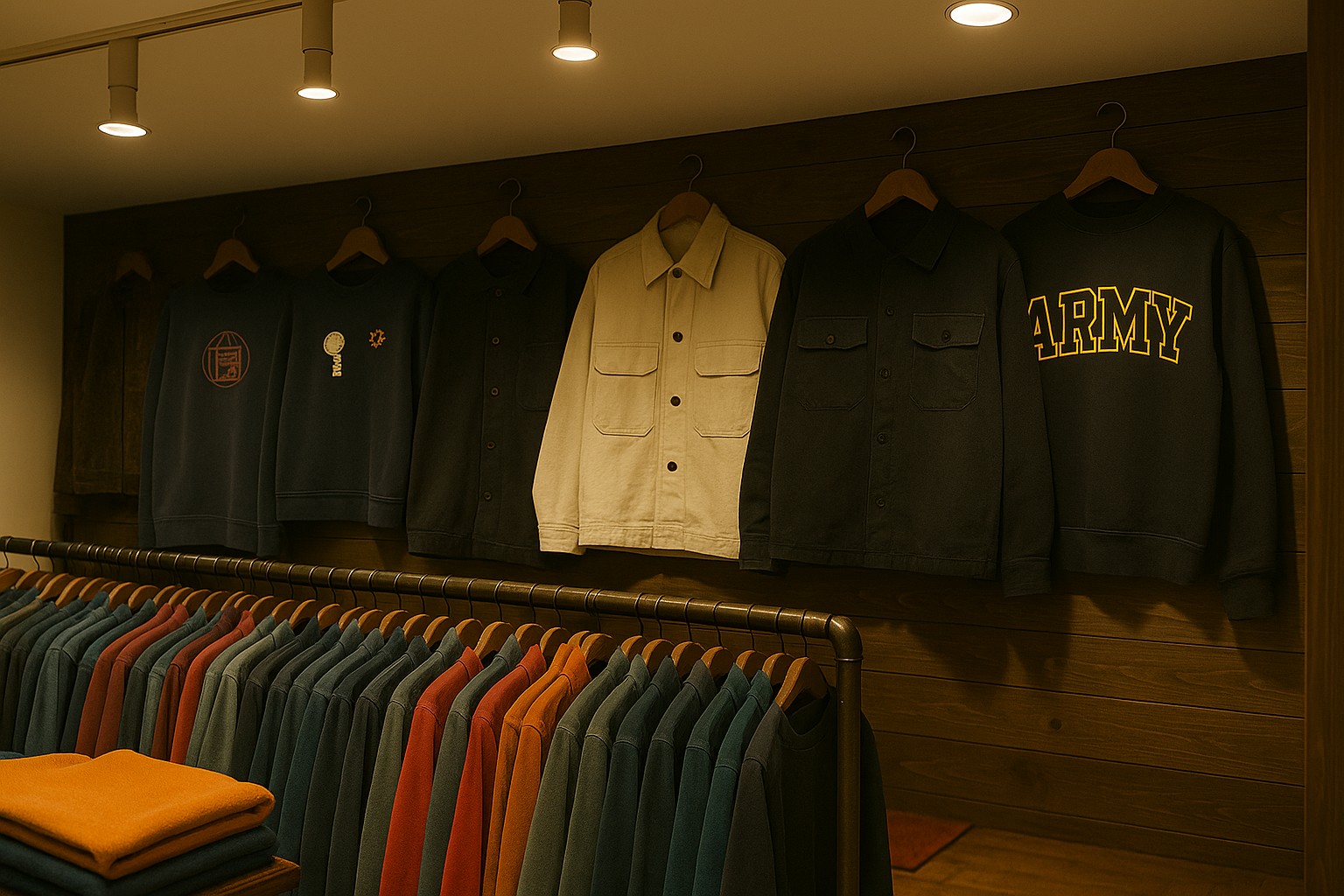 静かな古着店の一角。木製ハンガーにかかった服の影がやわらかく広がっている。