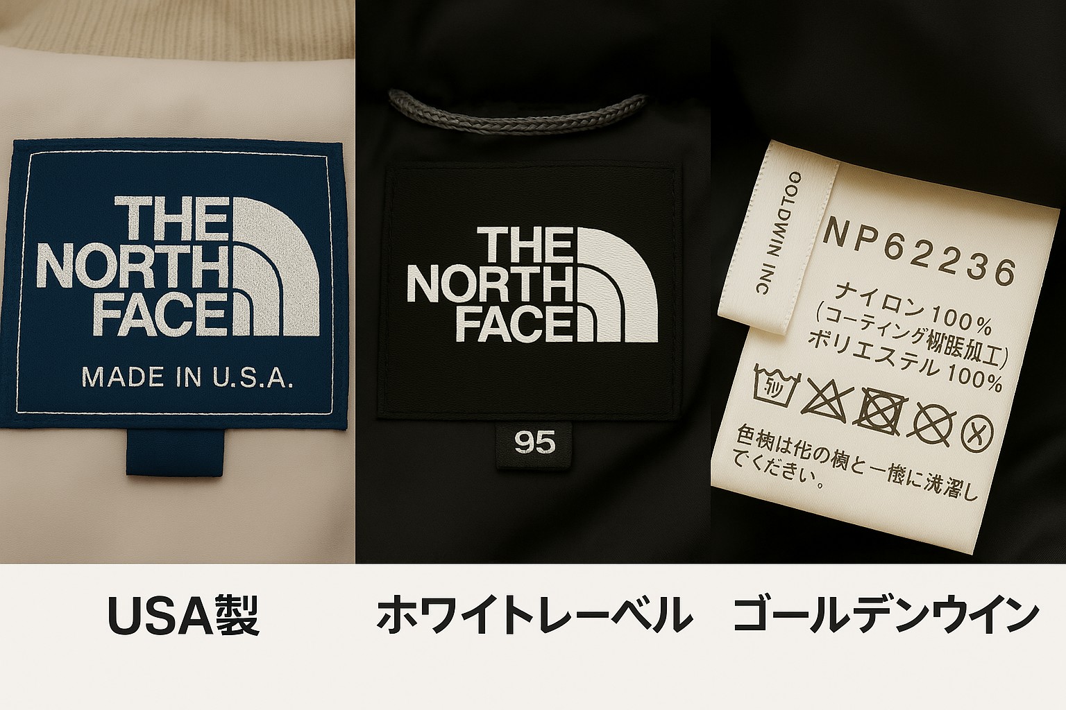 USA本家・日本ゴールドウイン・韓国ホワイトレーベルそれぞれのタグ表記を比較した画像
