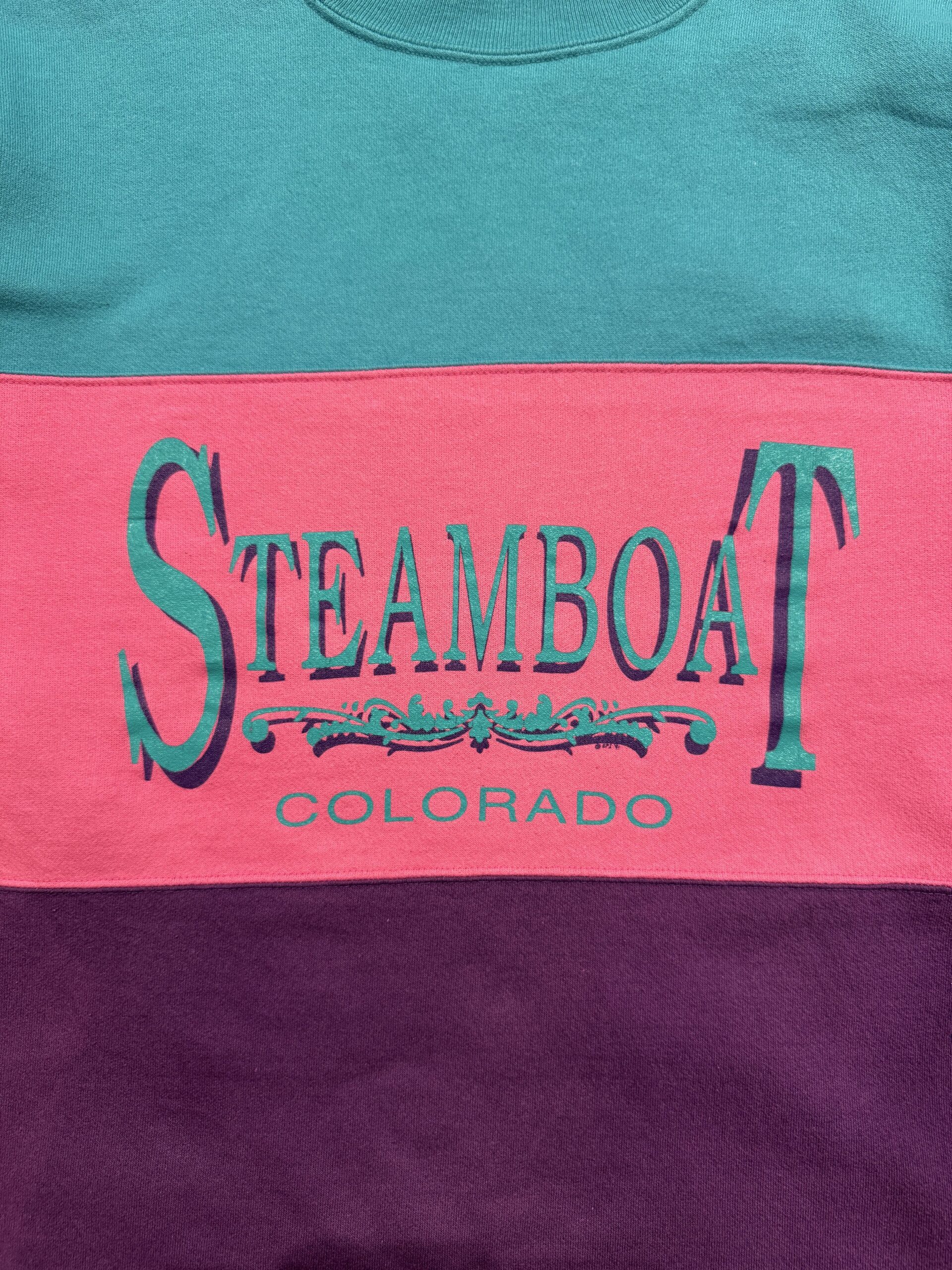 フロント中央に入った“STEAMBOAT COLORADO”ロゴプリントのアップ。ターコイズとパープルの二重プリントが効いたデザイン。