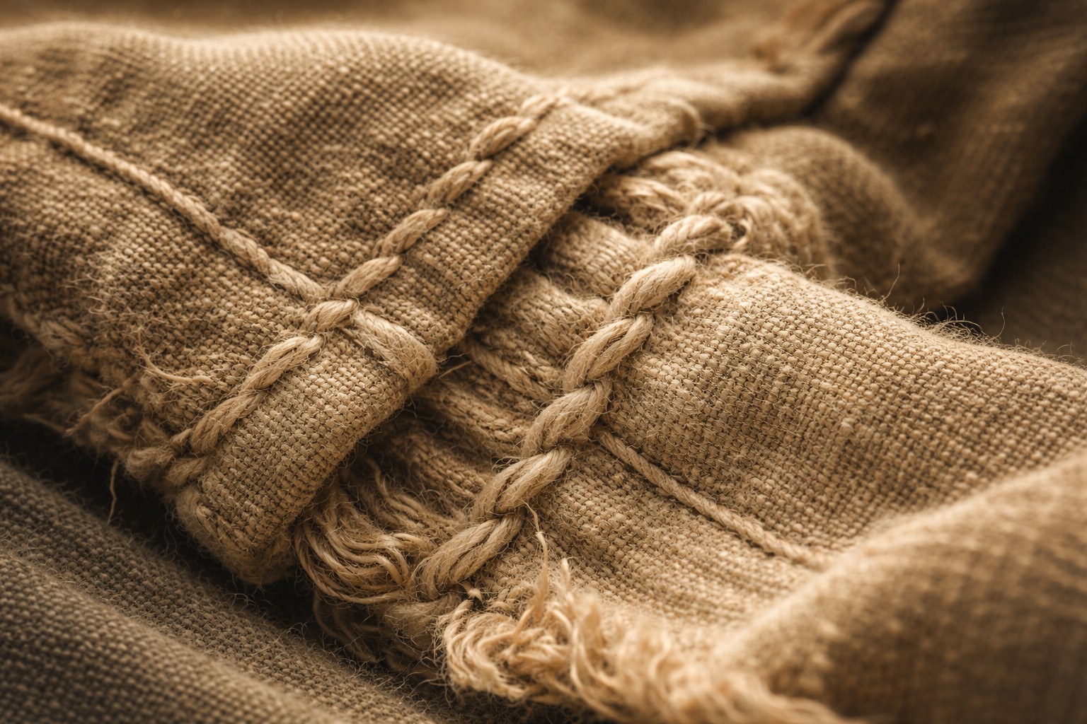 布の繊維や縫い目が見えるアップ。服が“道具”として始まったことを示すイメージ。