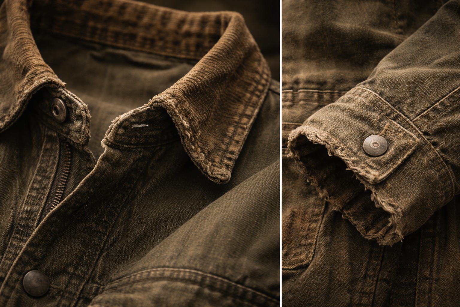 襟元や袖口など、使い込まれた痕跡が見える服のディテール写真。