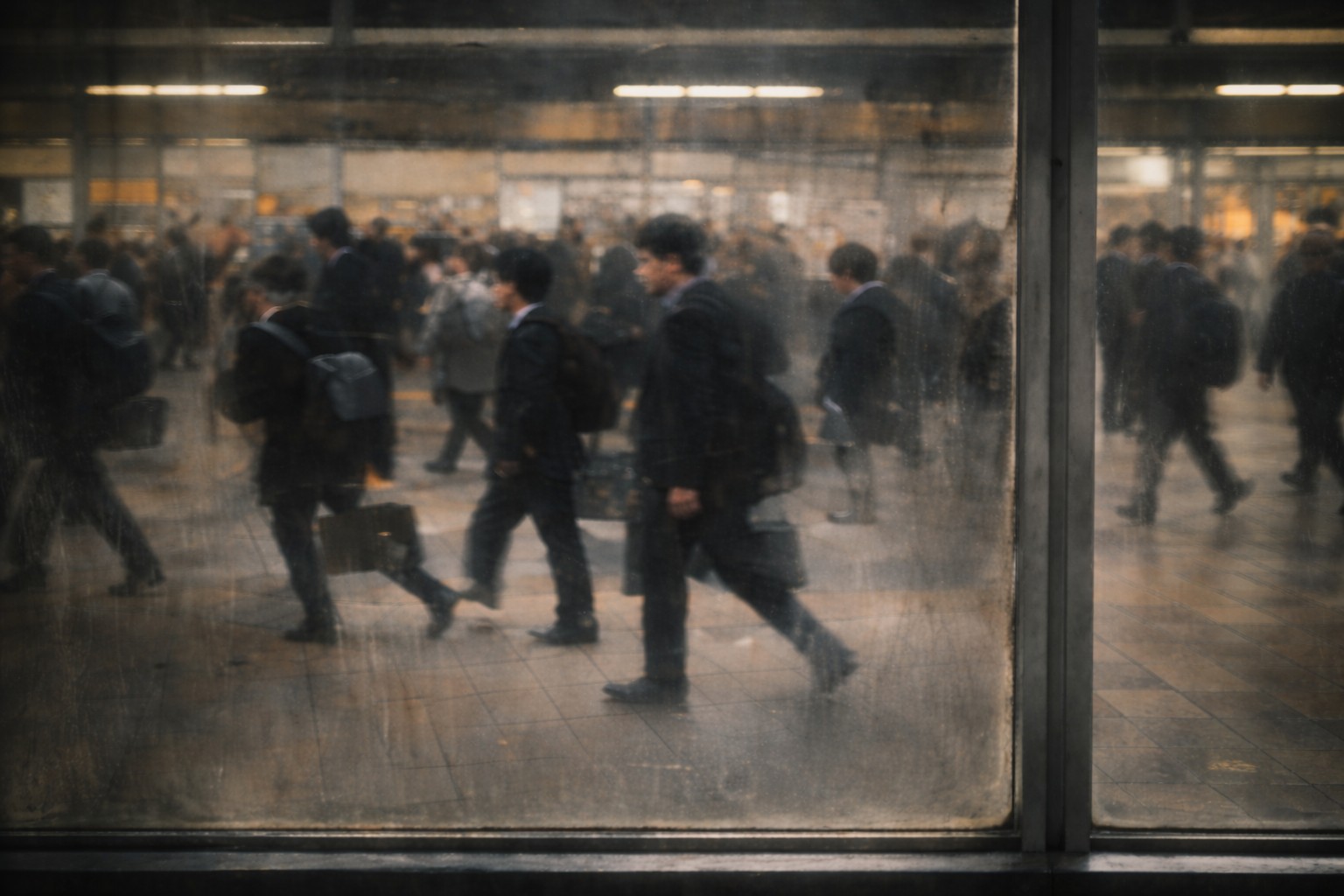 朝の駅を行き交う通勤者たち。曇ったガラス越しに映る、人々の日常の始まり。