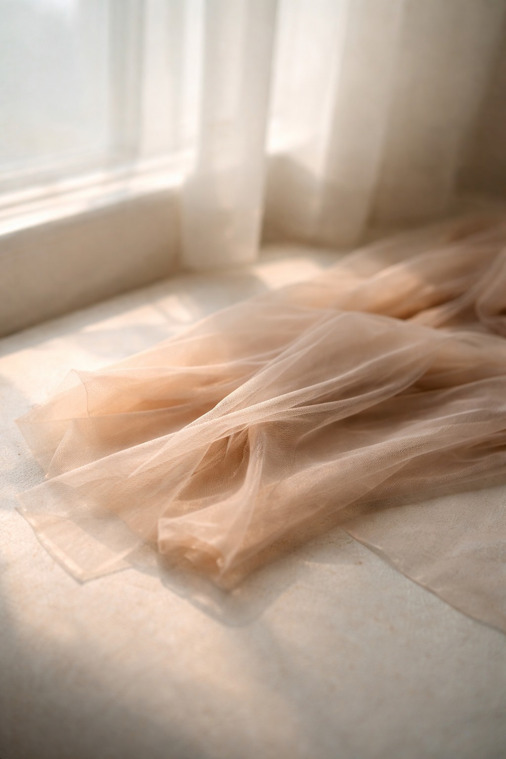 室内でストッキング越しの光が柔らかく見える、生活感を抑えた静物写真