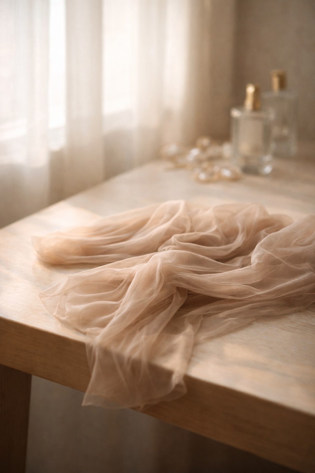 窓辺の光で、薄い布の質感がわかるストッキングのクローズアップ