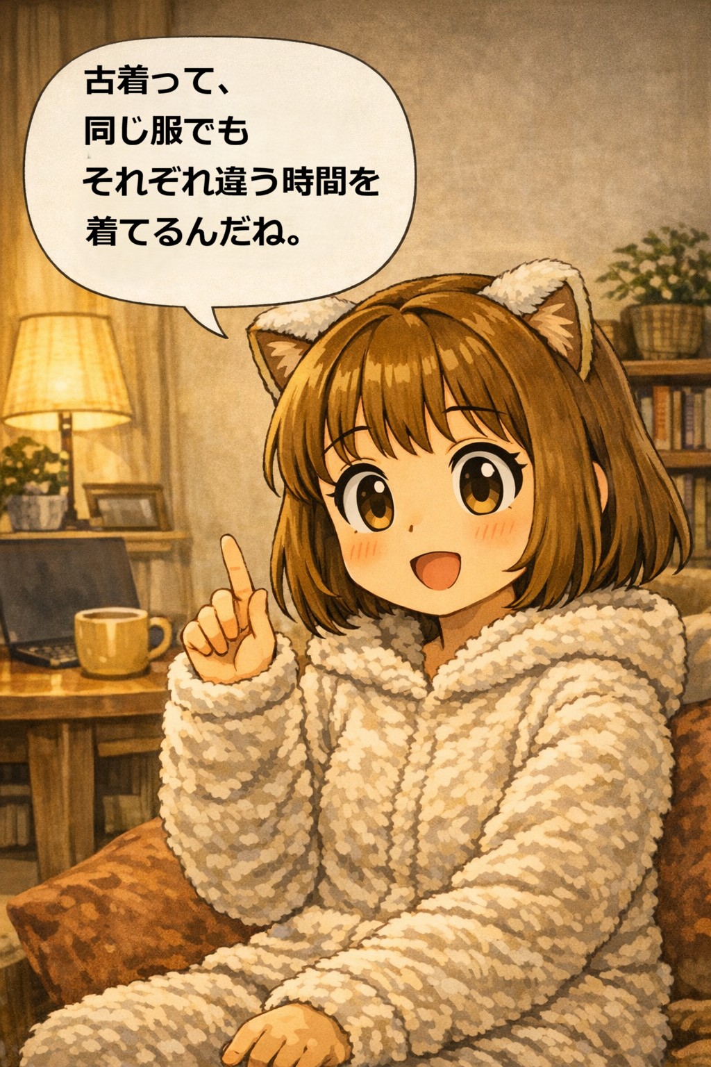 ぼんちゃんが古着について時間を着てきた服と話しているイラスト