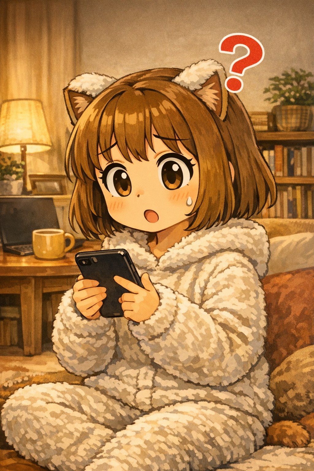スマホで古着の出品を見て首をかしげるぼんちゃん