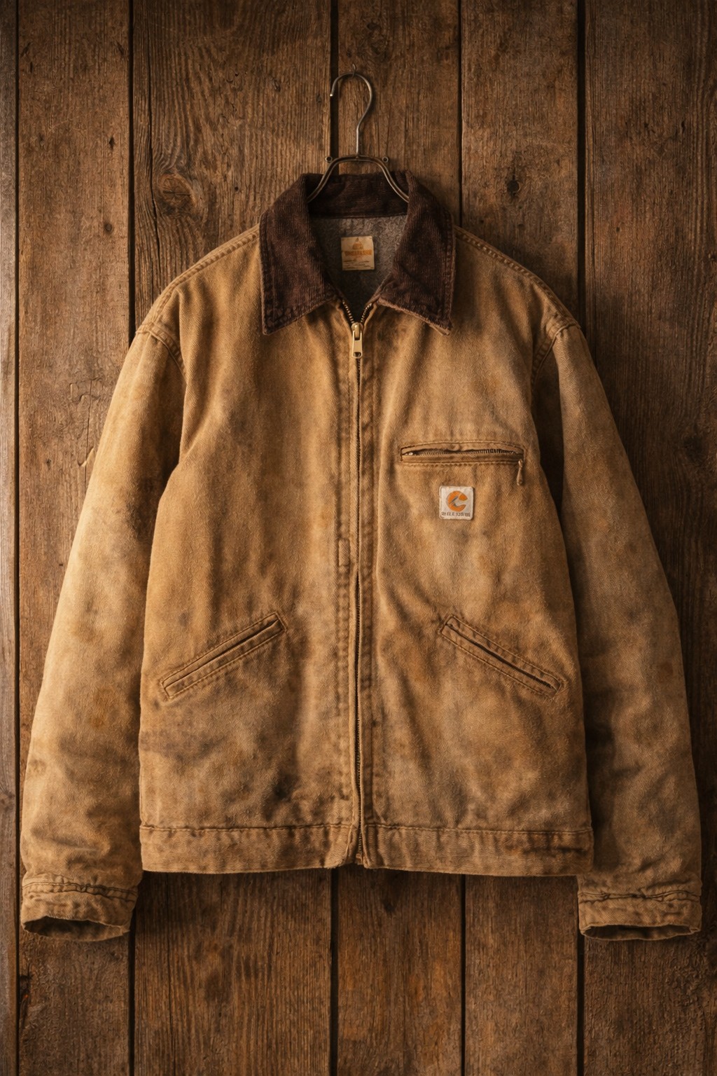 木の壁に掛かった古着のCarharttデトロイトジャケット