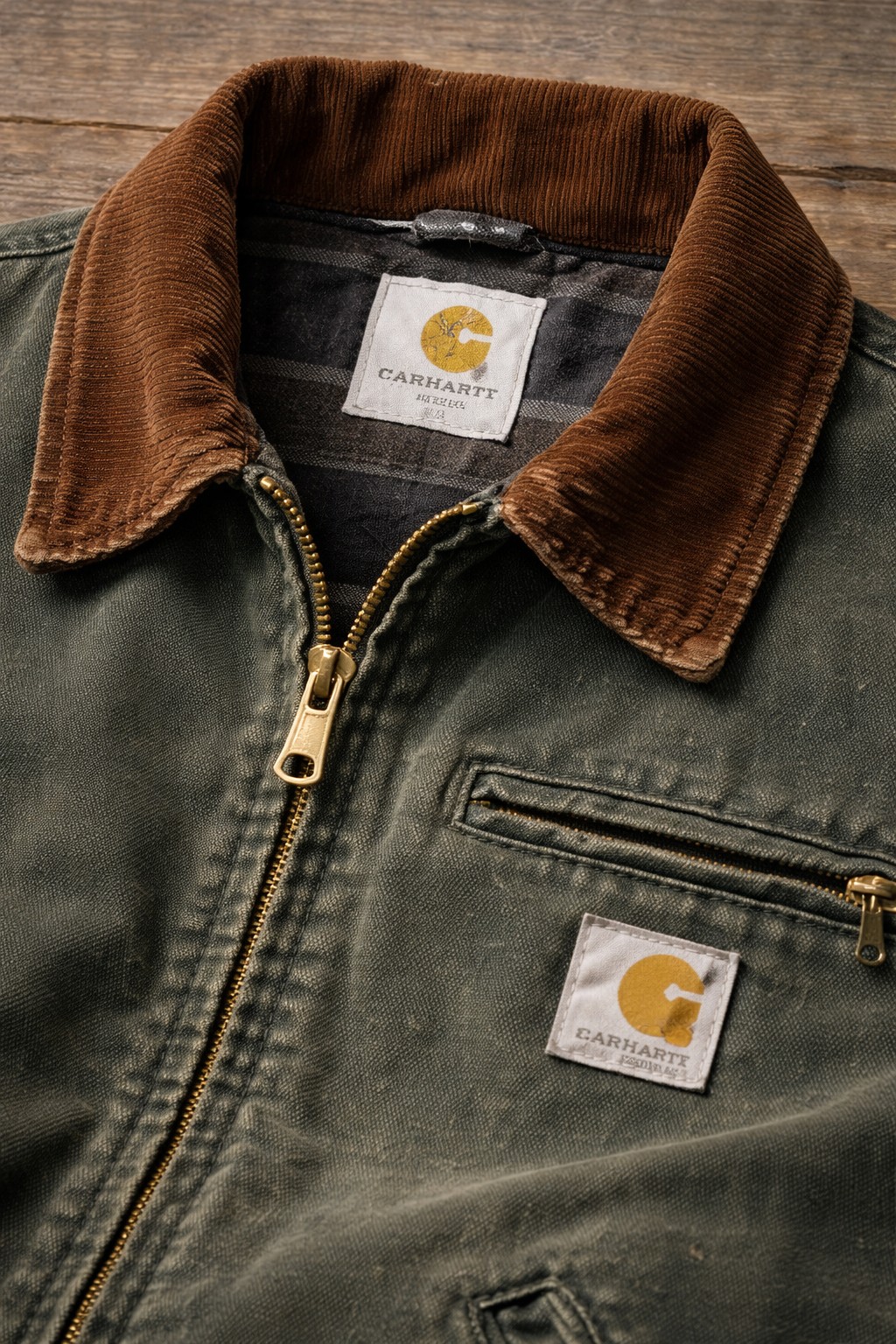 Carhartt J97デトロイトジャケットのコーデュロイ襟とダック生地のディテール。