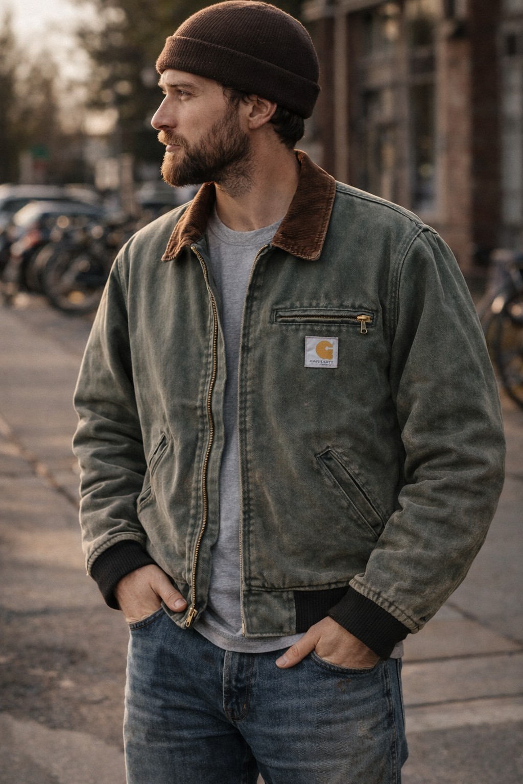 Carhartt J97デトロイトジャケットを日常着として着たイメージ。ワークウェアと街着の中間にある雰囲気。