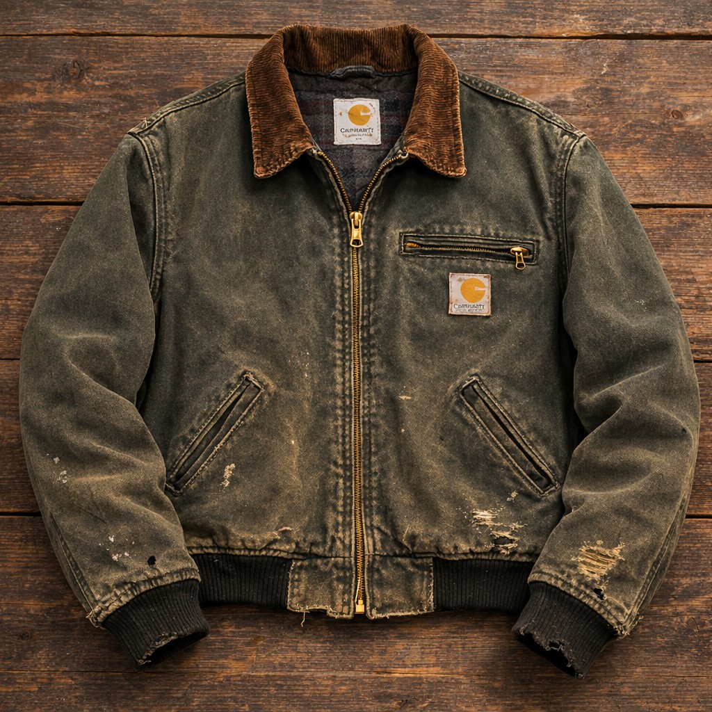 フェードしたCarhartt J97 MOS。モスグリーンが褪色し、ヴィンテージらしい雰囲気が出た個体。