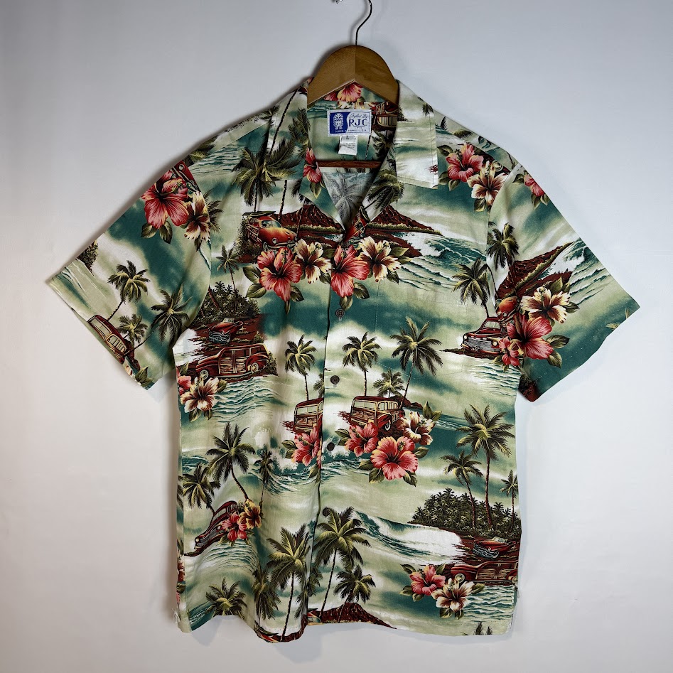 Made in Hawaii RJC アロハシャツ 正面 ハイビスカスとヤシの木柄