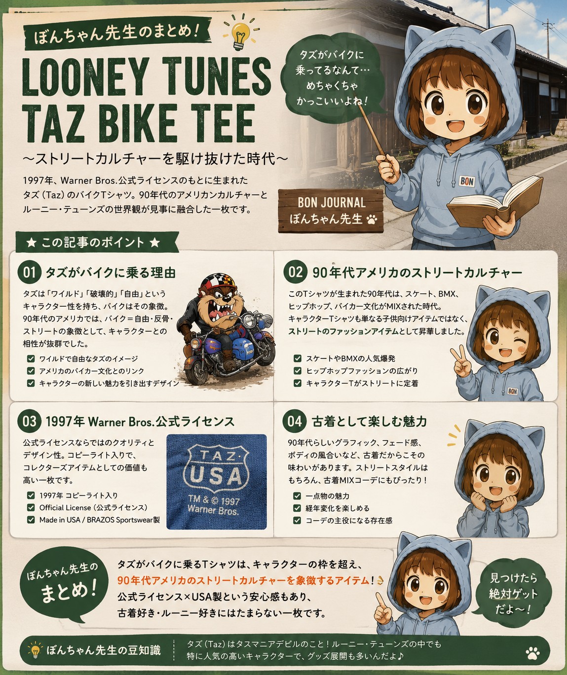 ぼんちゃん先生のまとめ|Looney Tunes タズ バイクTシャツと90年代ストリートカルチャー