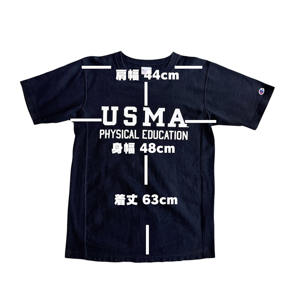 USMA Tシャツ サイズガイド Champion USMA Tシャツの肩幅身幅着丈を示したサイズガイド