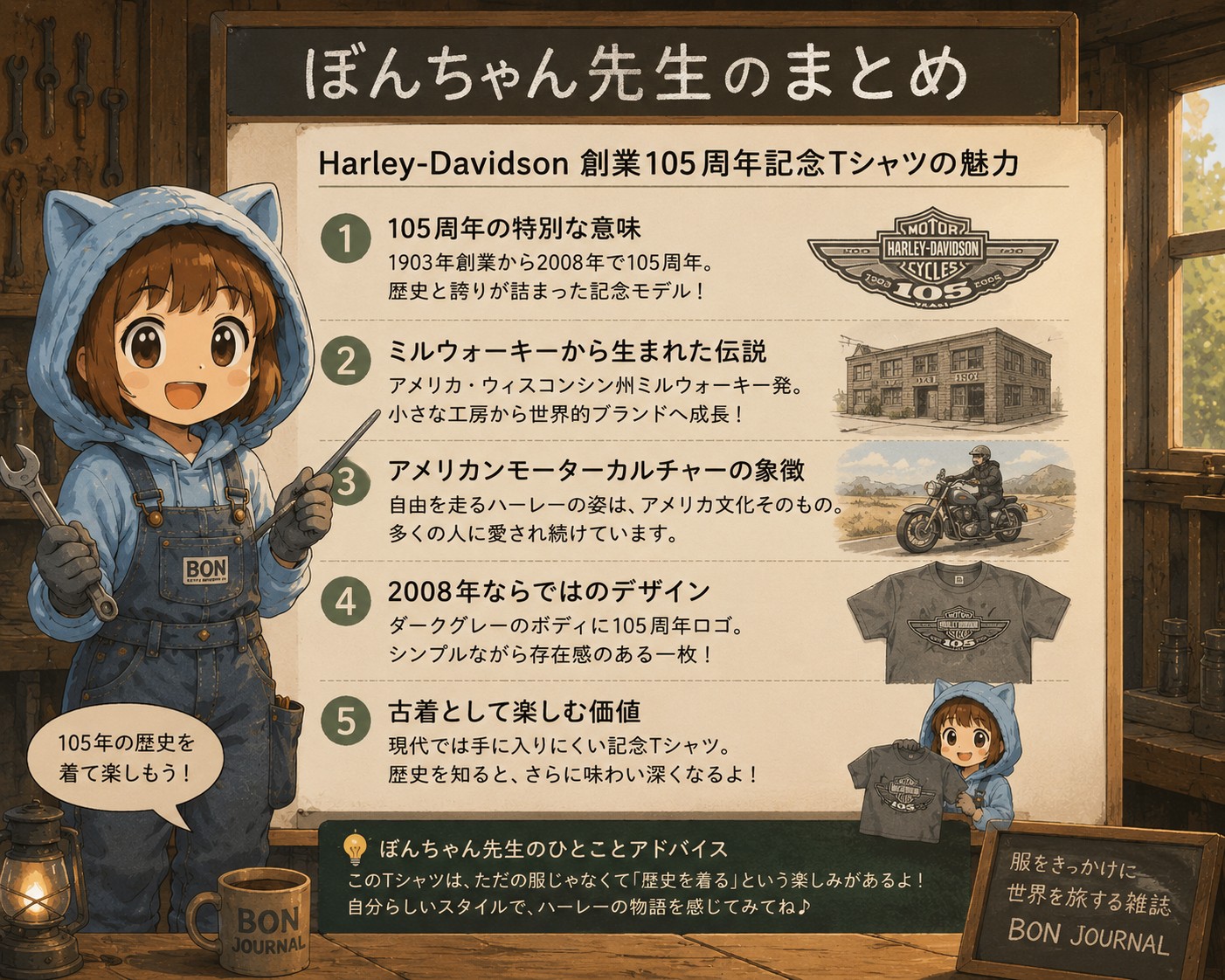 Harley-Davidson創業105周年について解説するぼんちゃん先生
