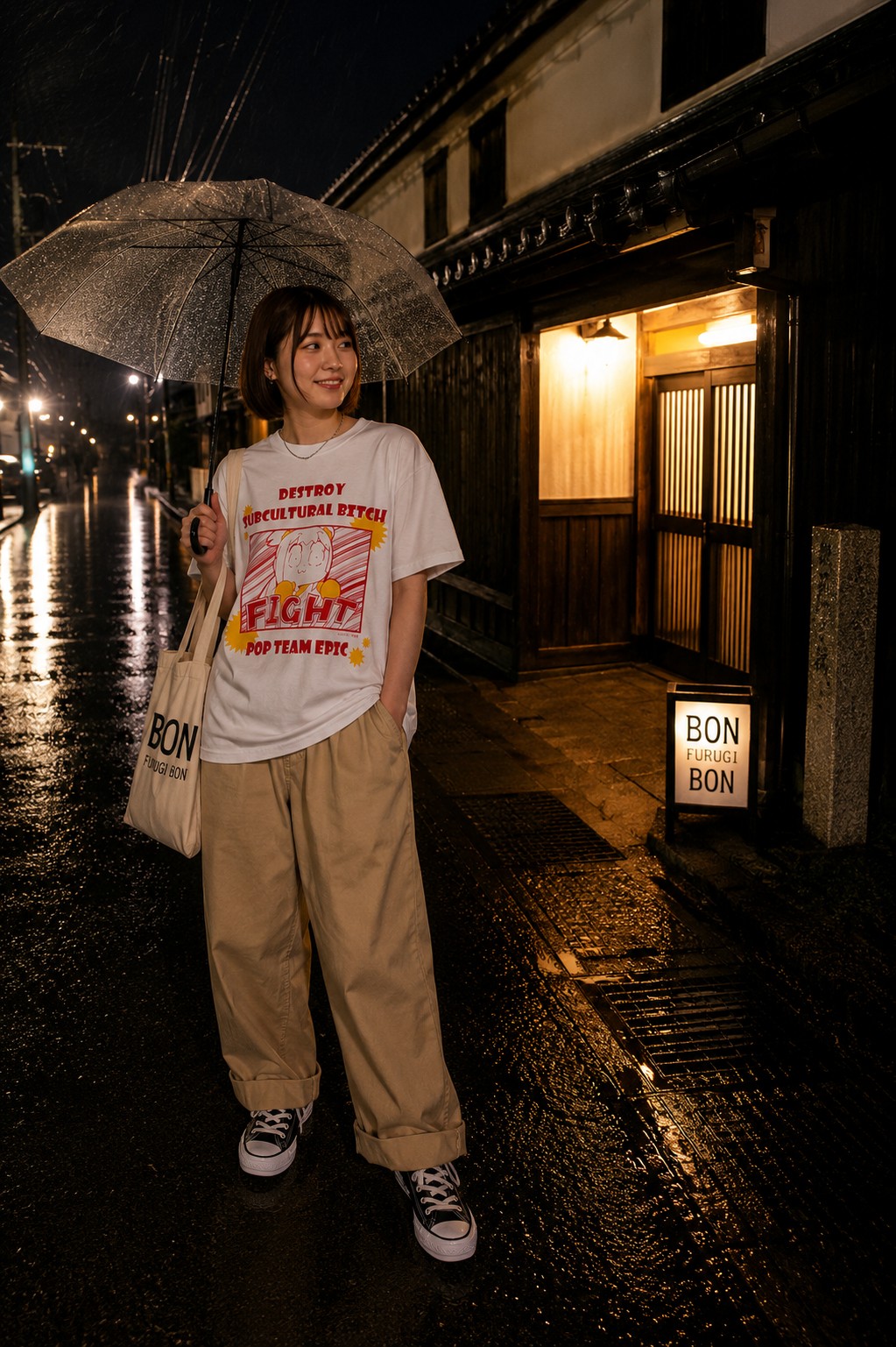 POP TEAM EPIC（ポプテピピック）FIGHT Tシャツを着た女性モデル 雨の夜のBON前コーデ