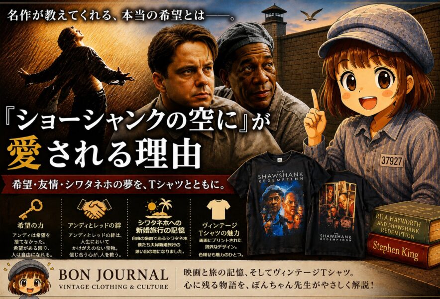『ショーシャンクの空に』が愛される理由を、希望・友情・シワタネホの夢・ヴィンテージTシャツとともに紹介するBON JOURNALのOGP画像