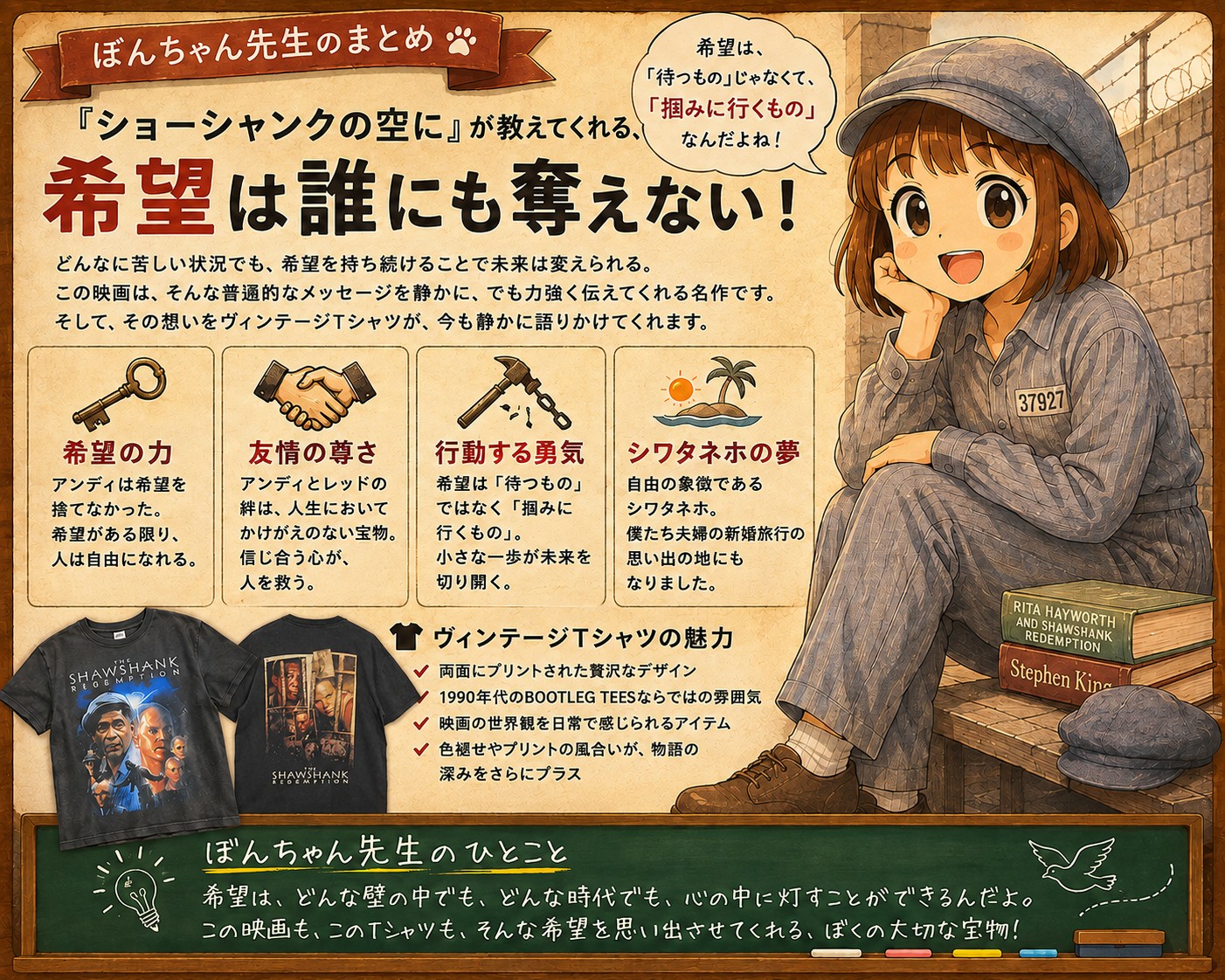 ぼんちゃん先生が『ショーシャンクの空に』の希望と友情、シワタネホの夢を解説するまとめイラスト