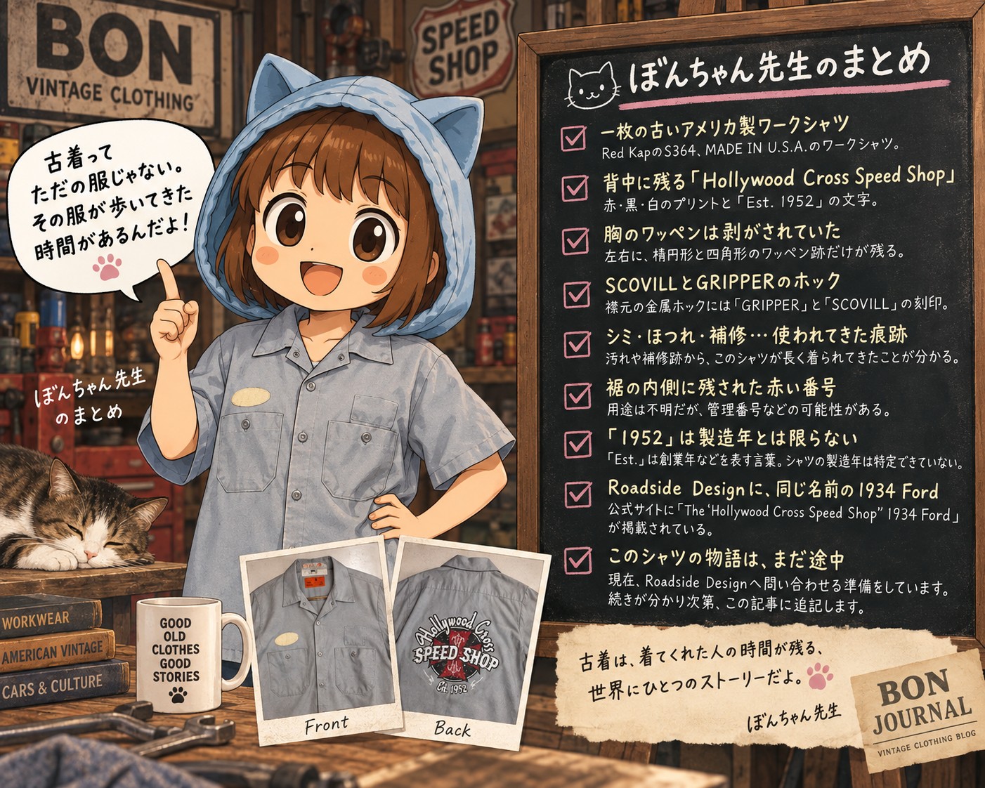 ぼんちゃん先生がHollywood Cross Speed ShopのRed Kapワークシャツを解説するまとめ画像