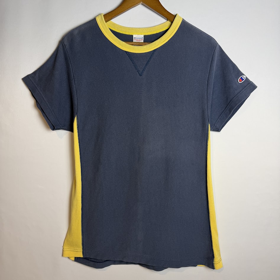 Champion REVERSE WEAVE T-SHIRT ネイビー×イエロー 正面