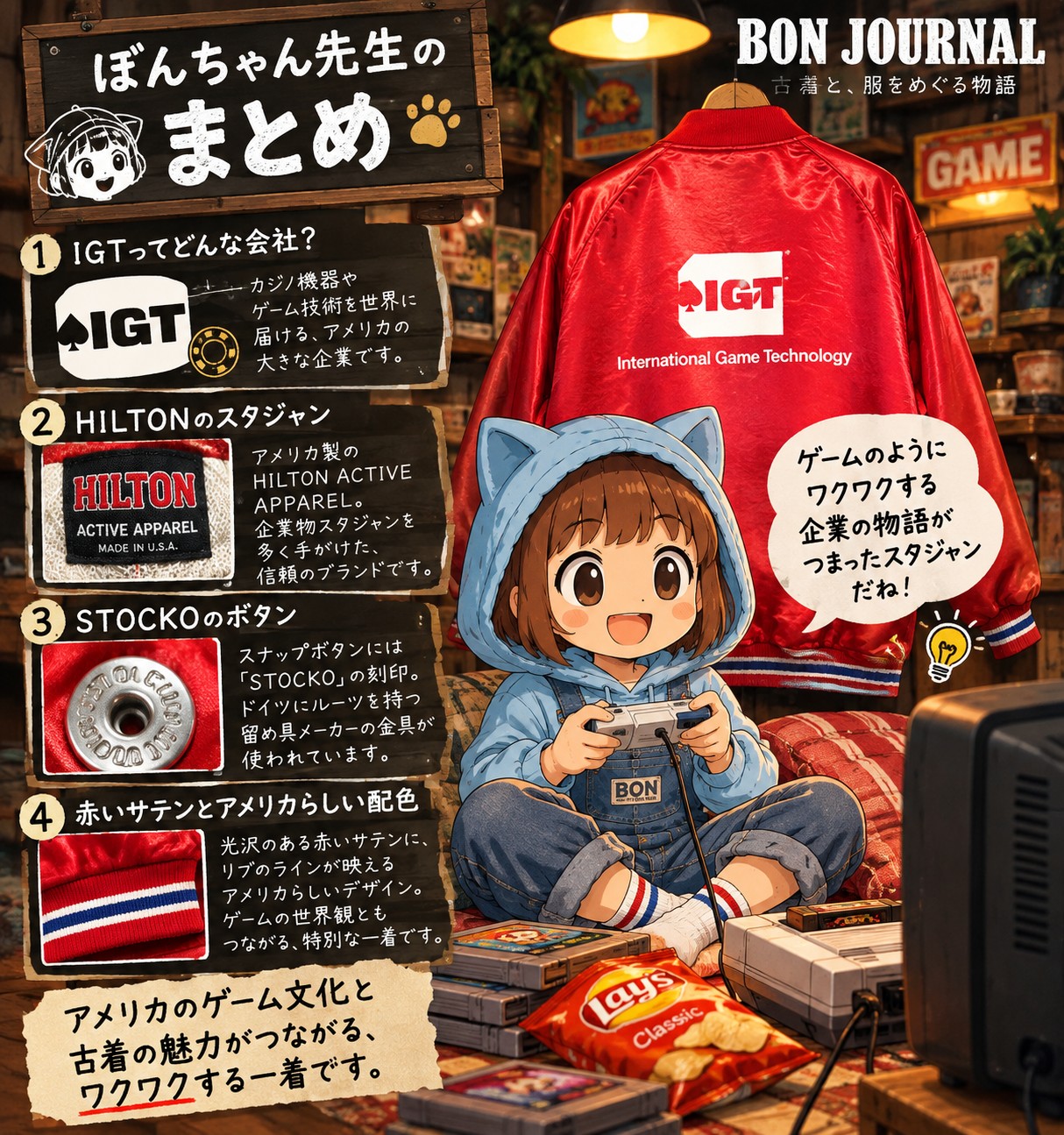 ぼんちゃん先生がゲームをしながら、IGTの企業背景、HILTONのUSA製スタジャン、STOCKOボタン、赤いサテンの特徴を解説するまとめ画像