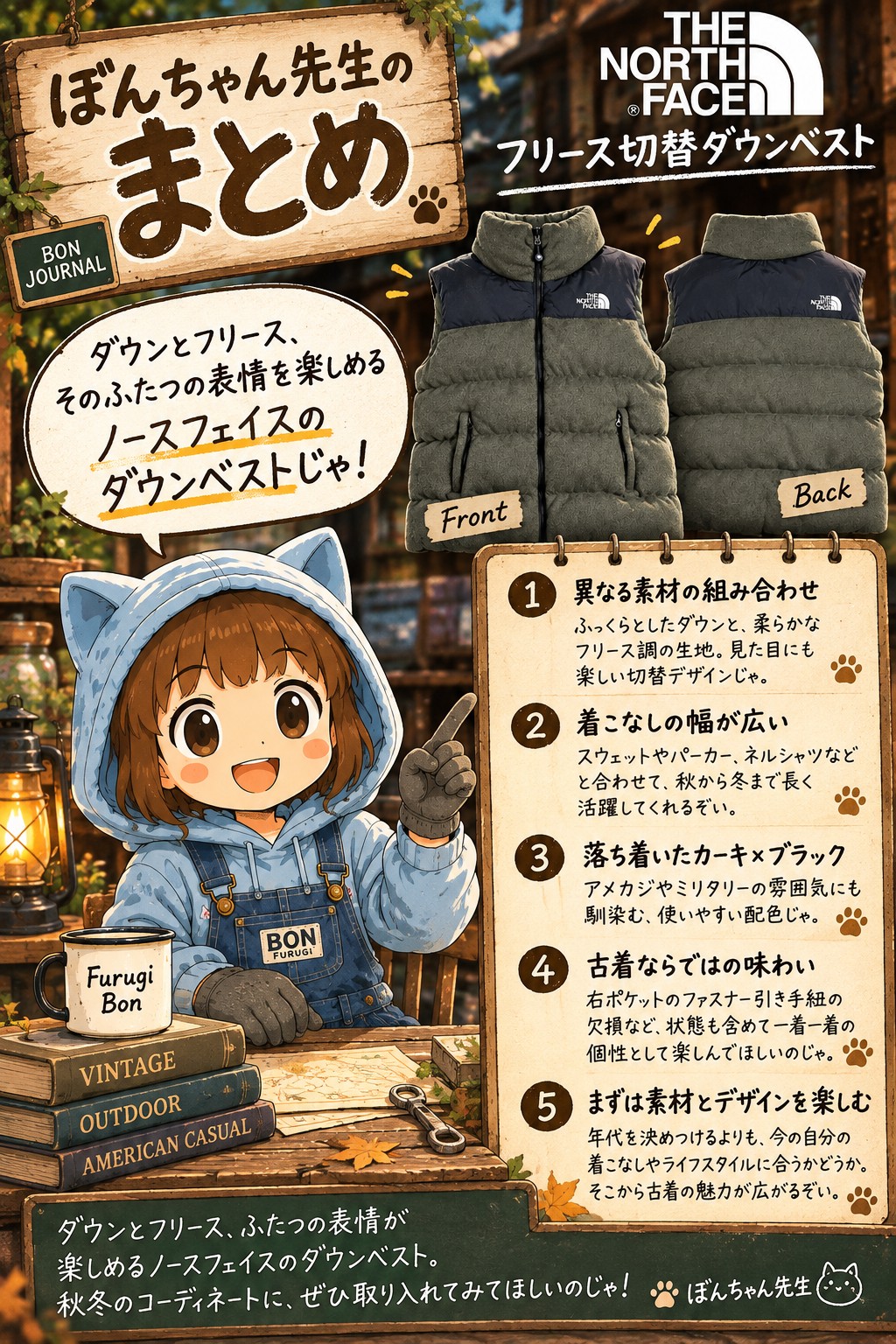 ぼんちゃん先生がTHE NORTH FACEのフリース切替ダウンベストの素材、着こなし、配色、古着の魅力を5つのポイントで解説するイラスト